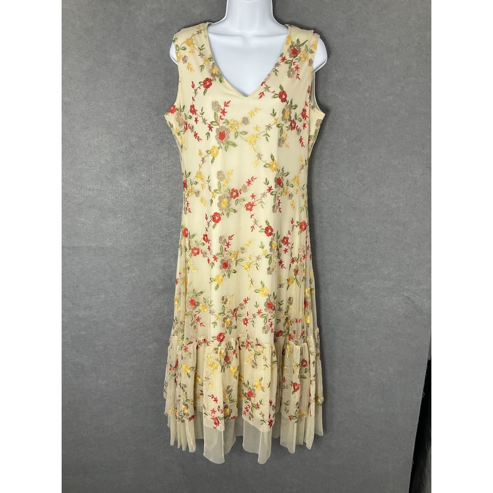 Reba Woman Dress Size L Floral Embroidery Tiered Mesh Overlay Boho Lined‎ Maxi